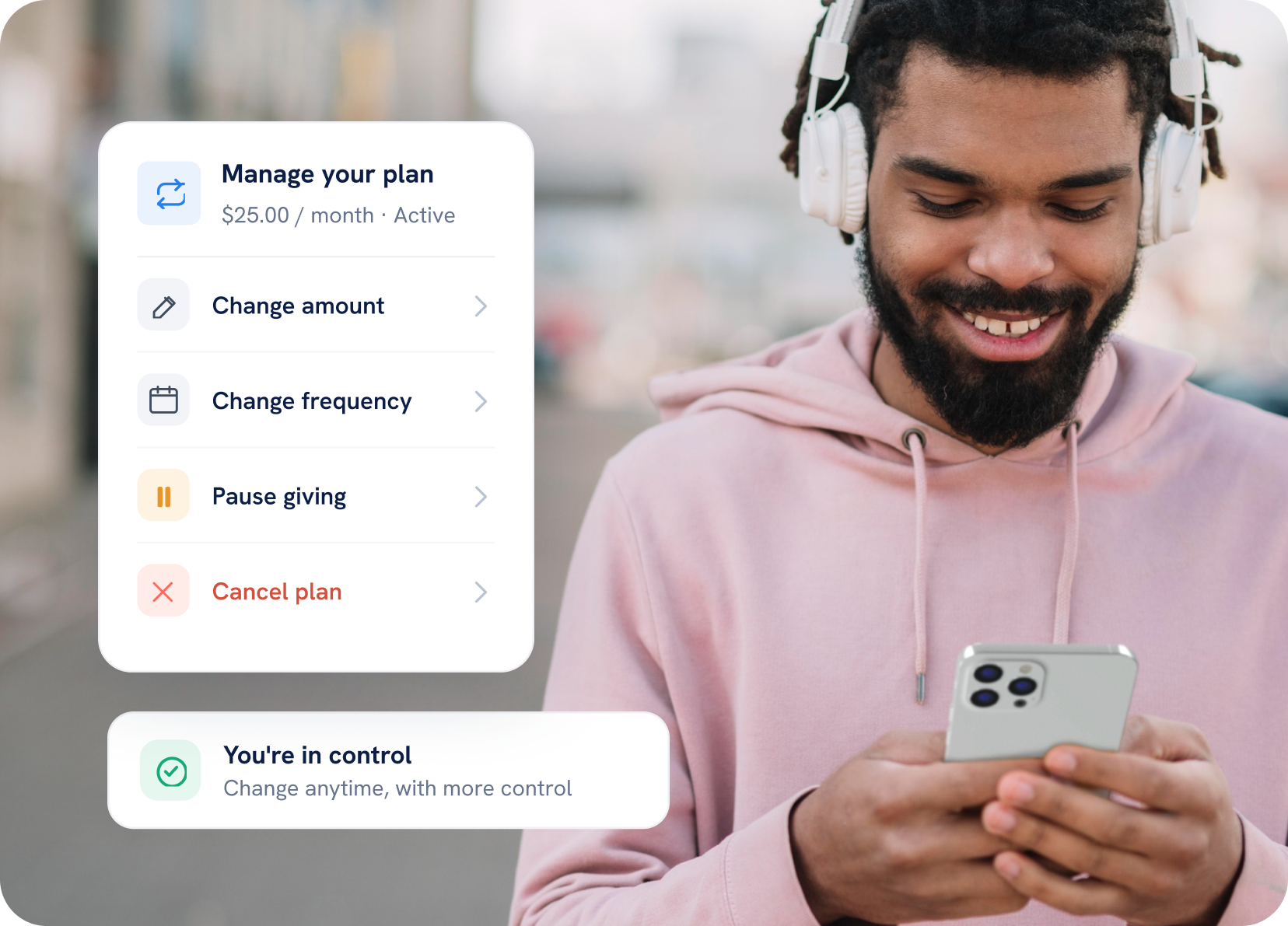 Smiling man with headphones using smartphone, overlaid with a subscription management UI showing plan options for $25/month.