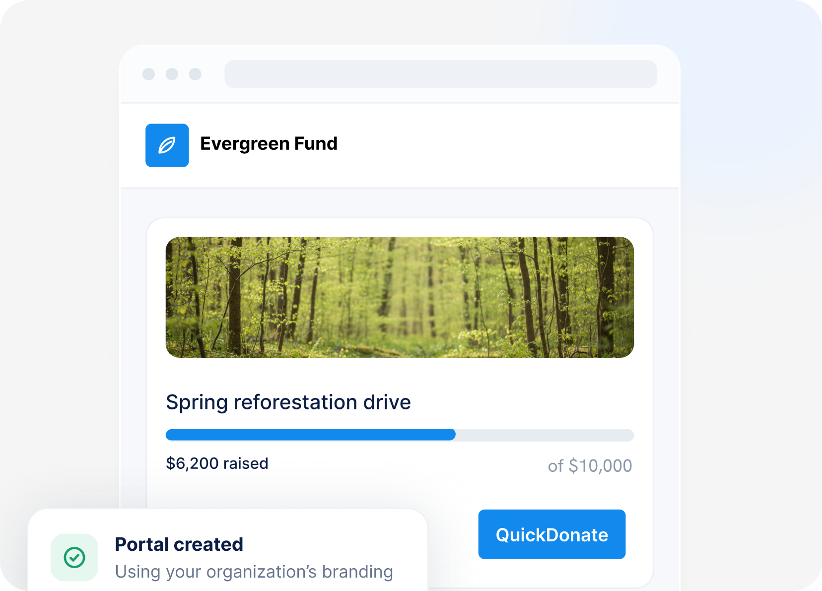 Evergreen Fund donation portal showing a Spring reforestation drive campaign with $6,200 raised of $10,000 goal and a QuickDonate button.