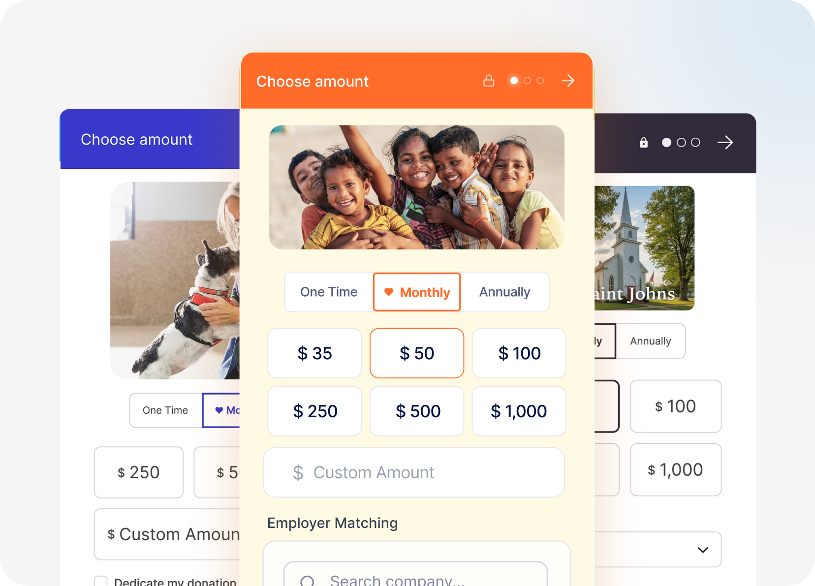 Online donation form UI showing amount selection with monthly giving options ranging from $35 to $1,000, featuring smiling children photo.