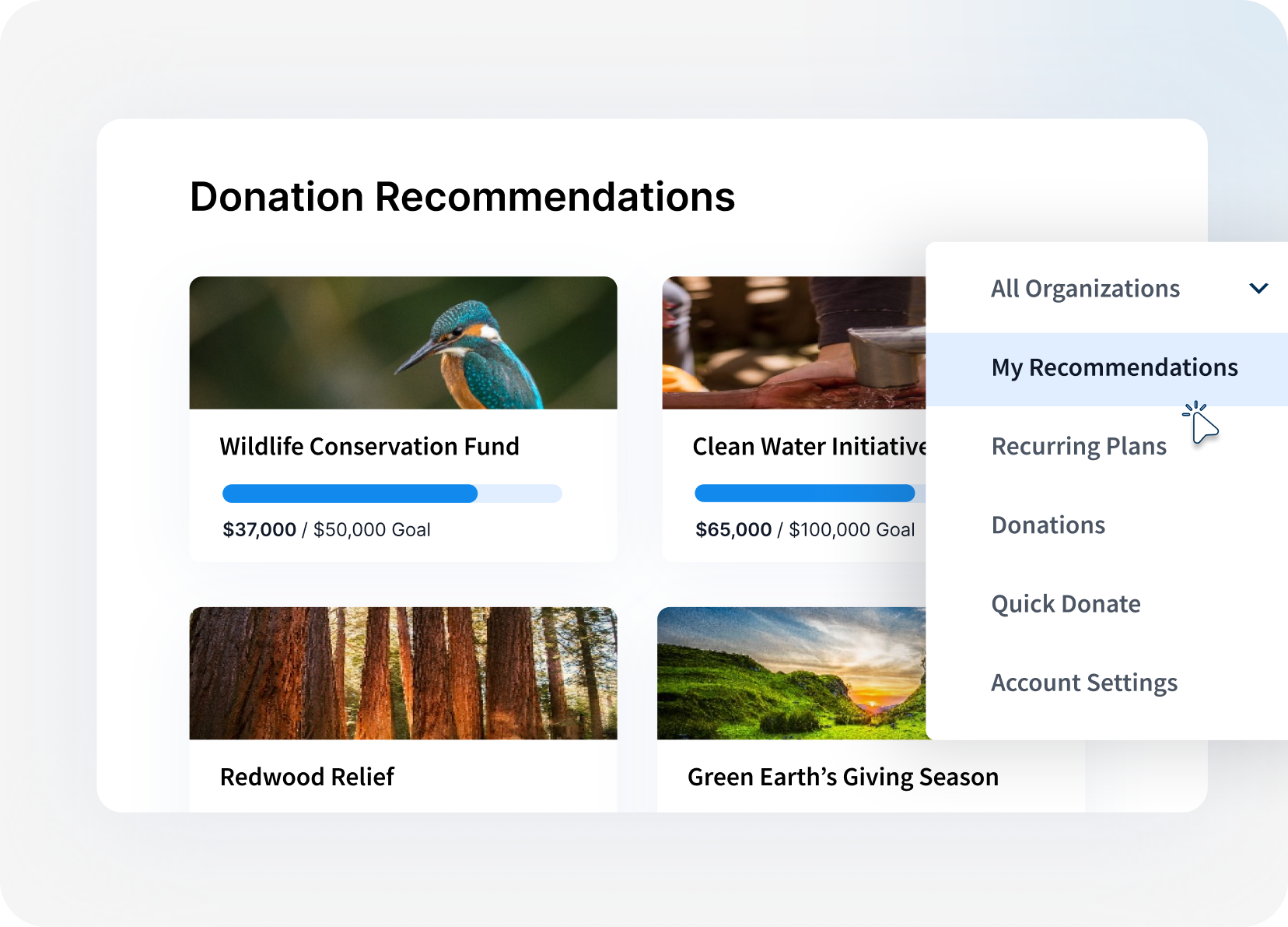 Donation recommendations UI showing charity cards with fundraising goals and a dropdown menu with navigation options including My Recommendations and Quick Donate.