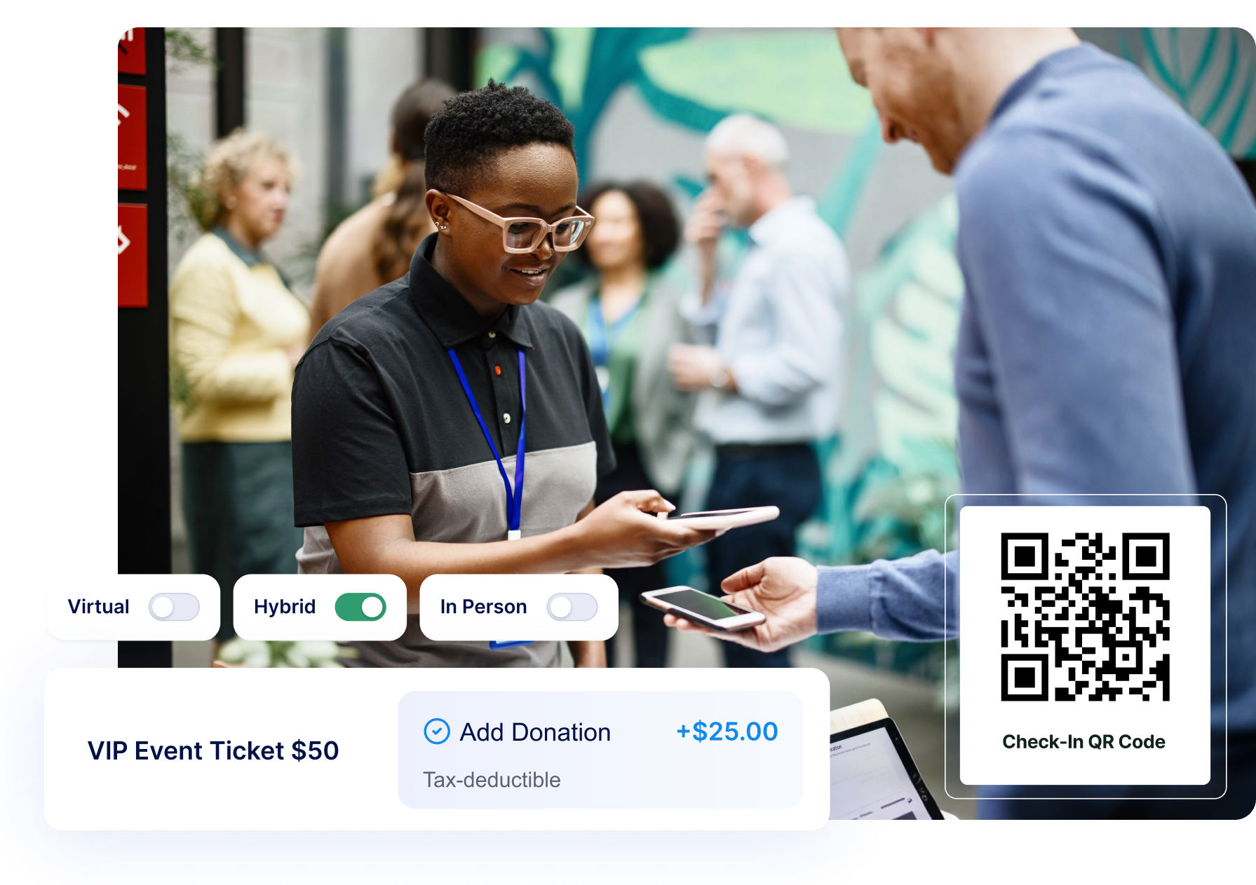 Event check-in interface showing staff scanning attendee's phone, with QR code, VIP ticket pricing, donation option, and hybrid event toggles.