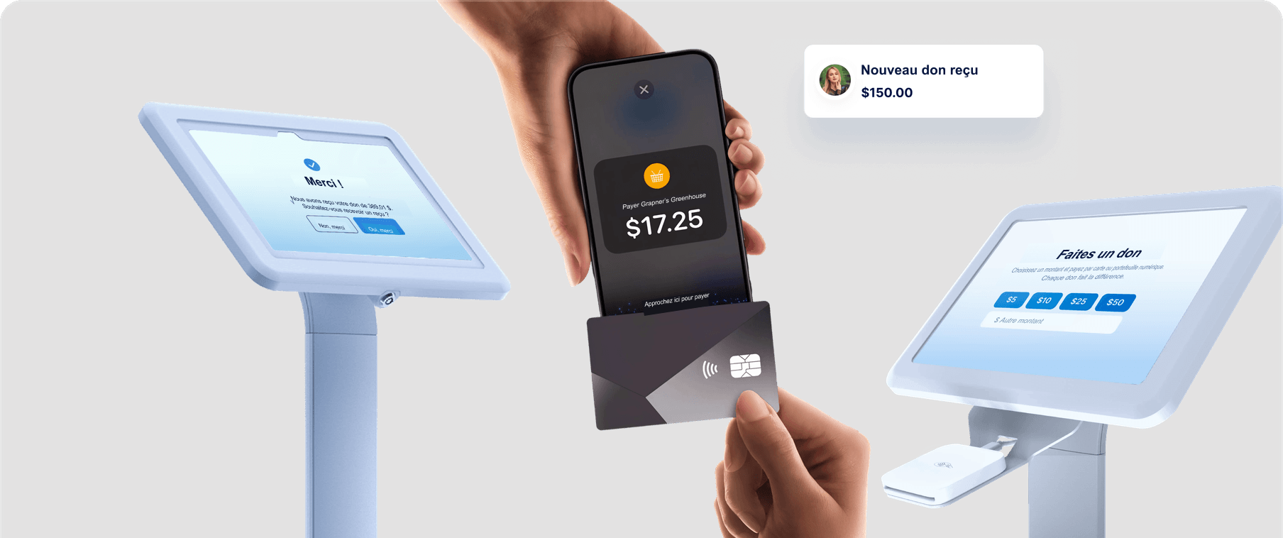 Appareils Donorbox Live Kiosk avec paiement sans contact et notification de don.