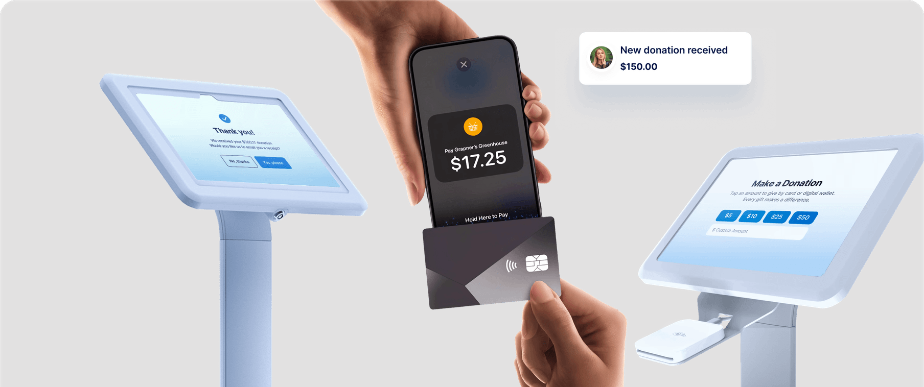 A person makes a $17.25 donation using a smartphone and card reader, with a screen confirming the transaction and a notification of $150 received.