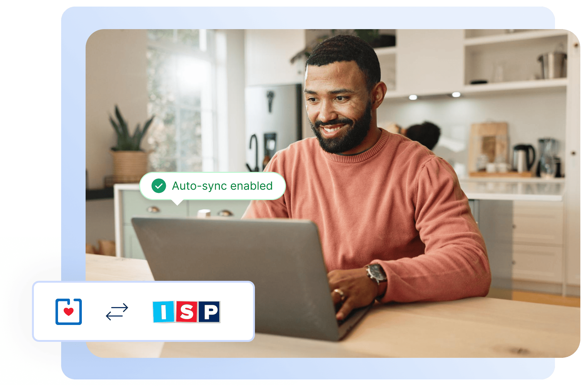 Smiling man using laptop at home with auto-sync enabled notification and ISP integration icon overlay