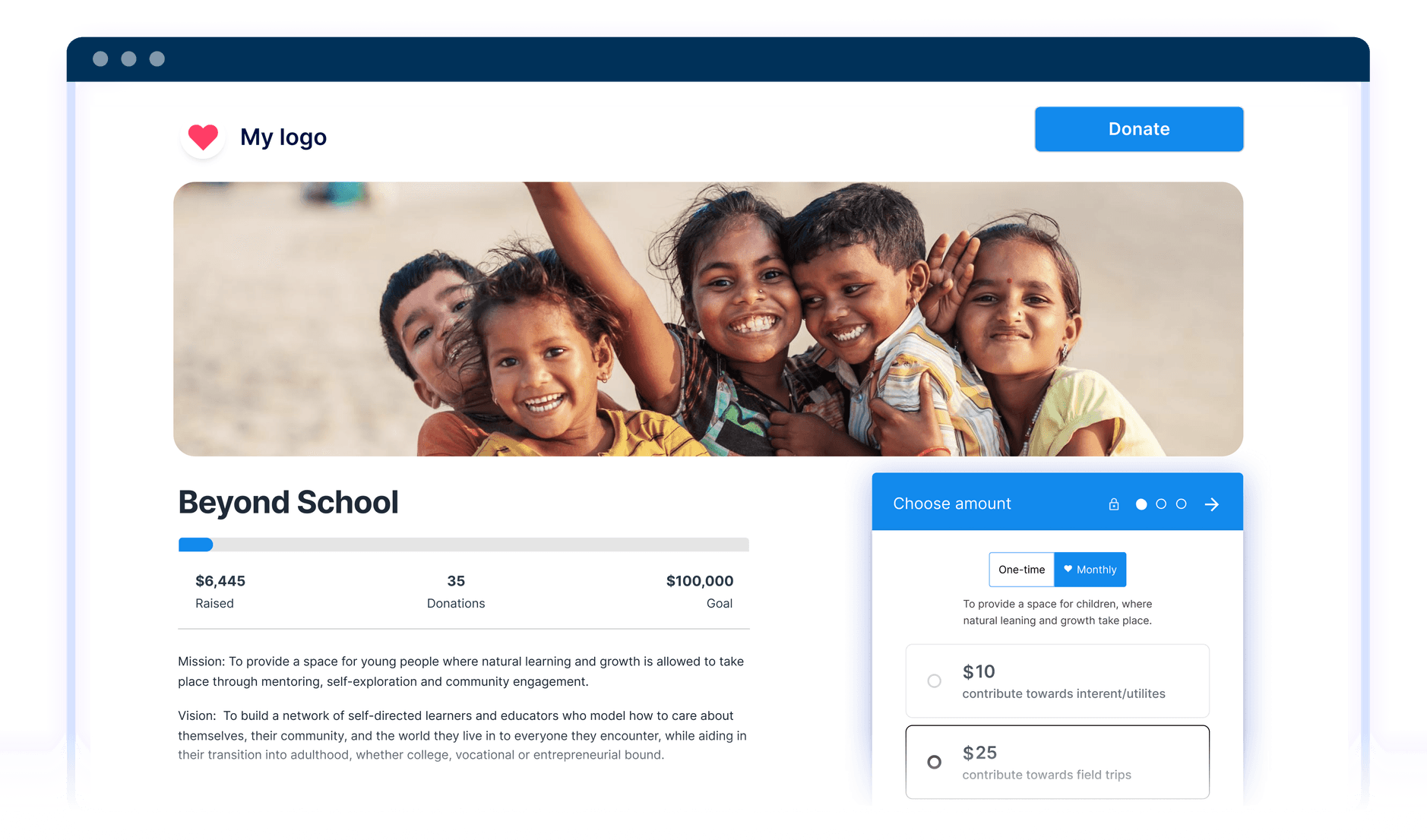 Website interface displaying a group of smiling children, a fundraising progress bar for "Beyond School," and donation options.