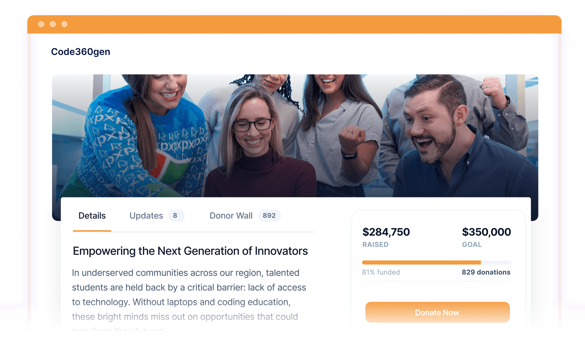 People smiling in a fundraising page for Code360gen. Progress shows $284,750 raised of a $350,000 goal, with 829 donations.