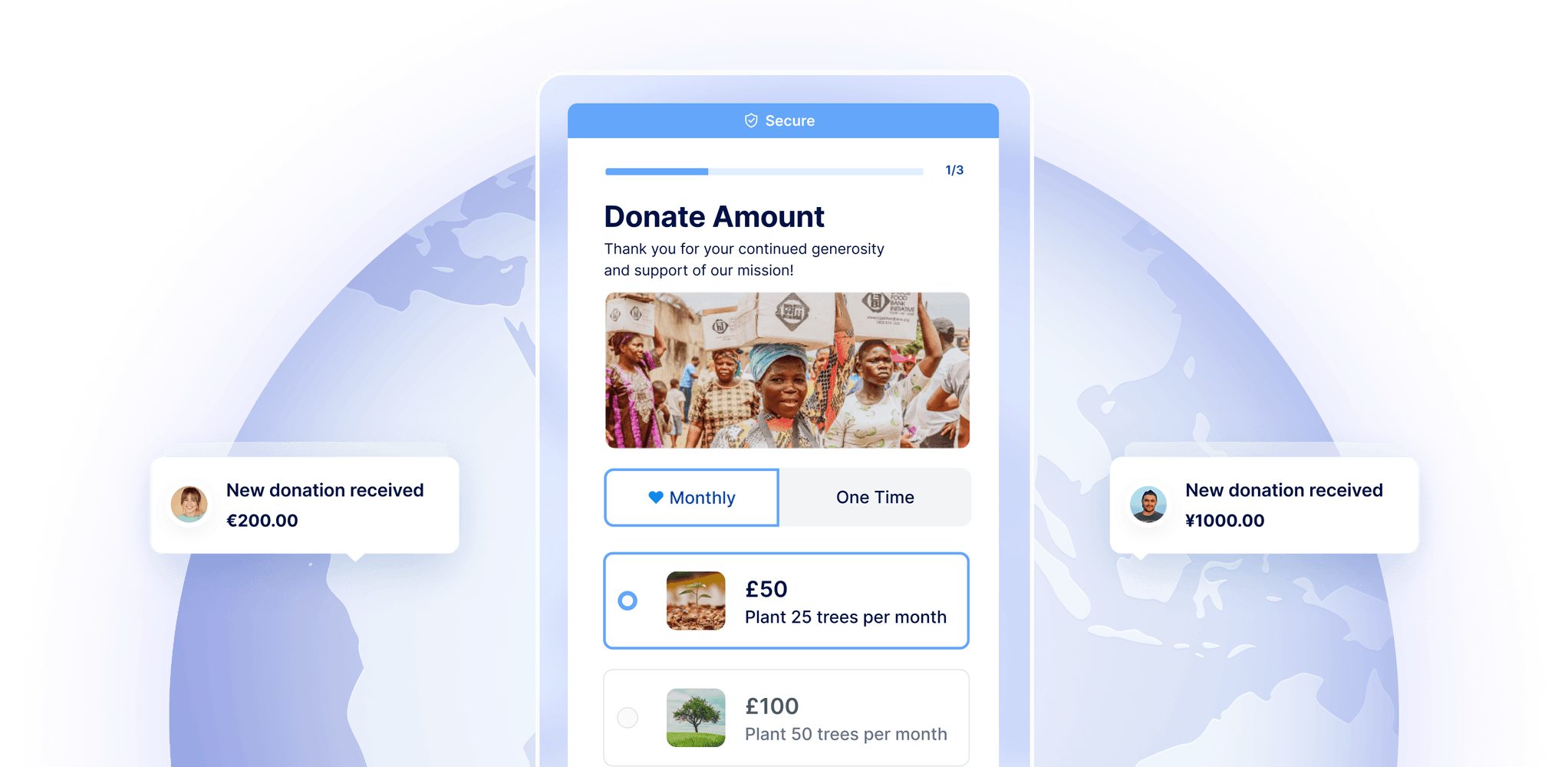 Mobile app interface for donations to plant trees, featuring an image of smiling people, donation options, and recent donation notifications.