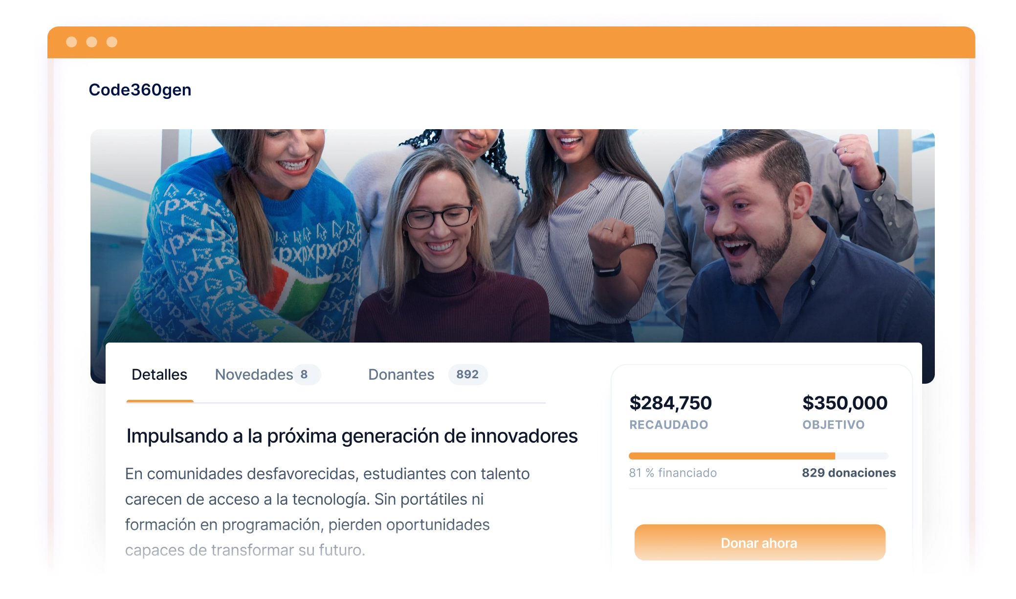 Vista previa de una campaña de crowdfunding educativa con un grupo de jóvenes y un indicador de recaudación.