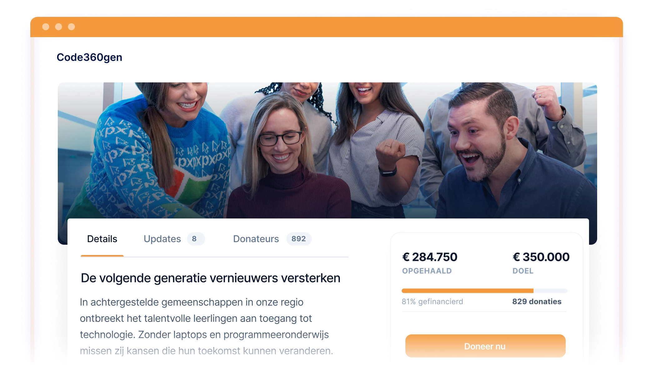 Voorbeeld van een educatieve crowdfundingcampagne met een groep jongeren en een voortgangsmeter voor het ingezamelde bedrag.