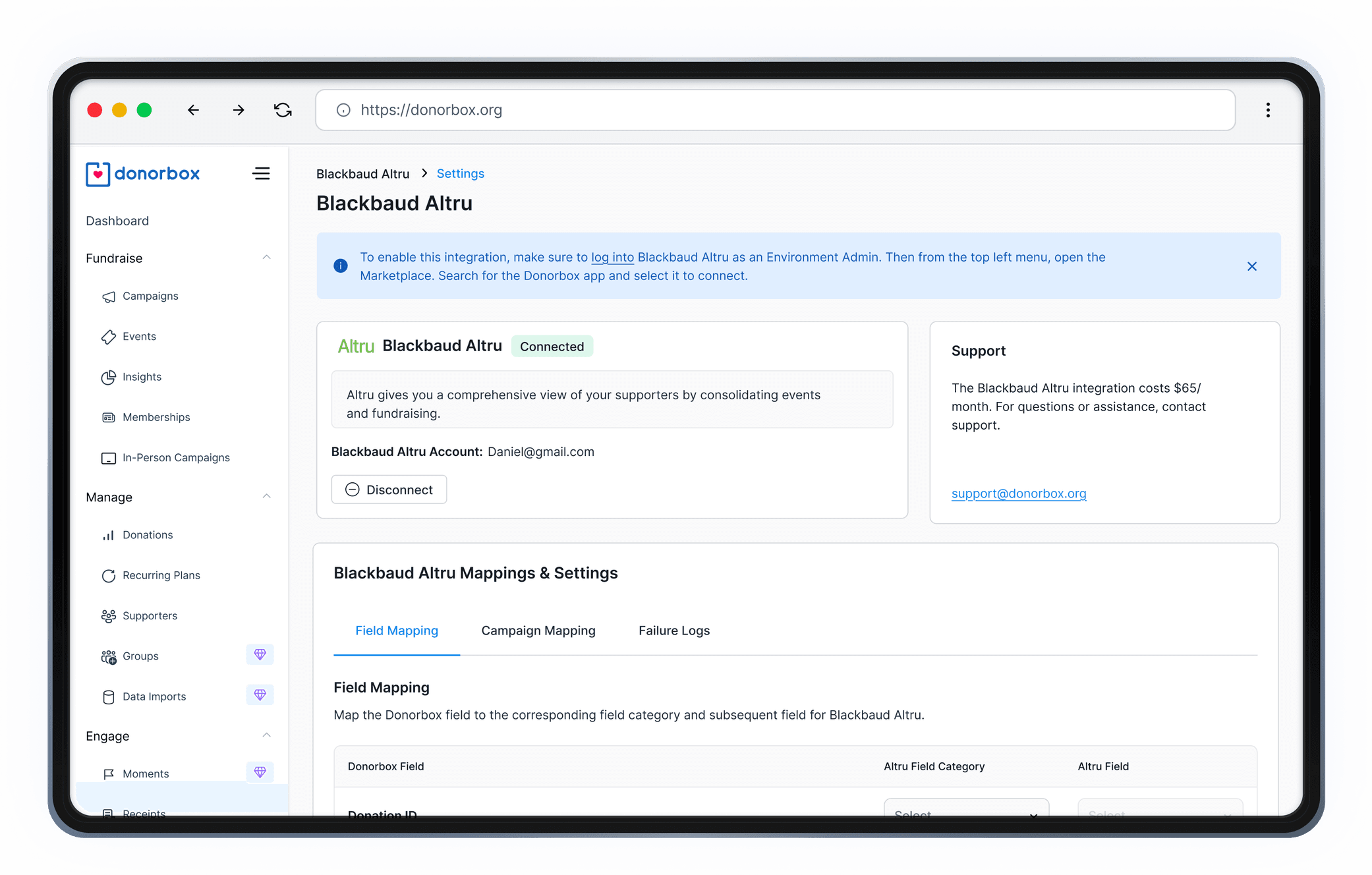 Screenshot of Donorbox Altru page showing integration settings, user email, and support information within a web browser interface.