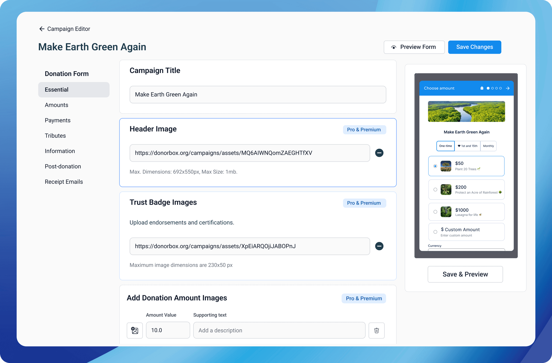 Campaign editor interface for "Make Earth Green Again" with donation form preview and customization options.