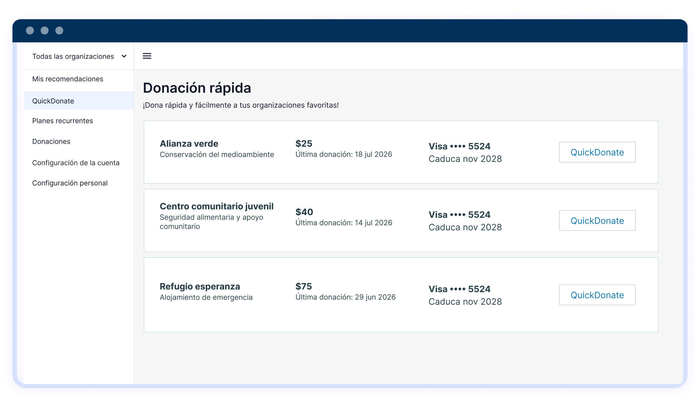 Panel de Donación rápida con tres organizaciones, importes, últimas donaciones y botones QuickDonate.