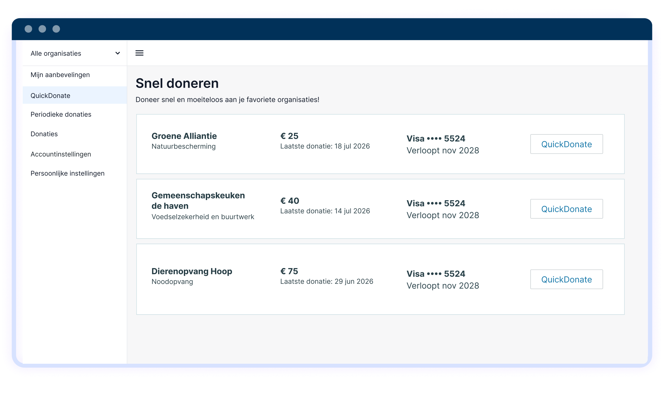 Dashboard voor snel doneren met drie organisaties, bedragen, laatste donaties en QuickDonate-knoppen.