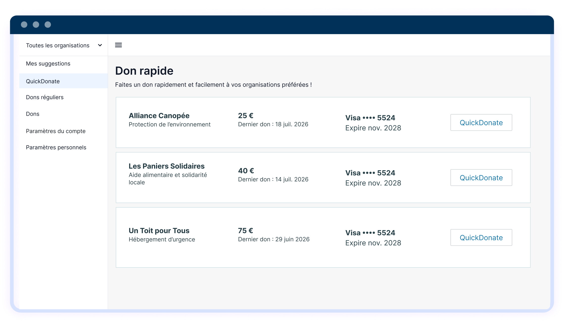 Tableau de bord Don rapide avec trois organisations, montants, derniers dons et boutons QuickDonate.