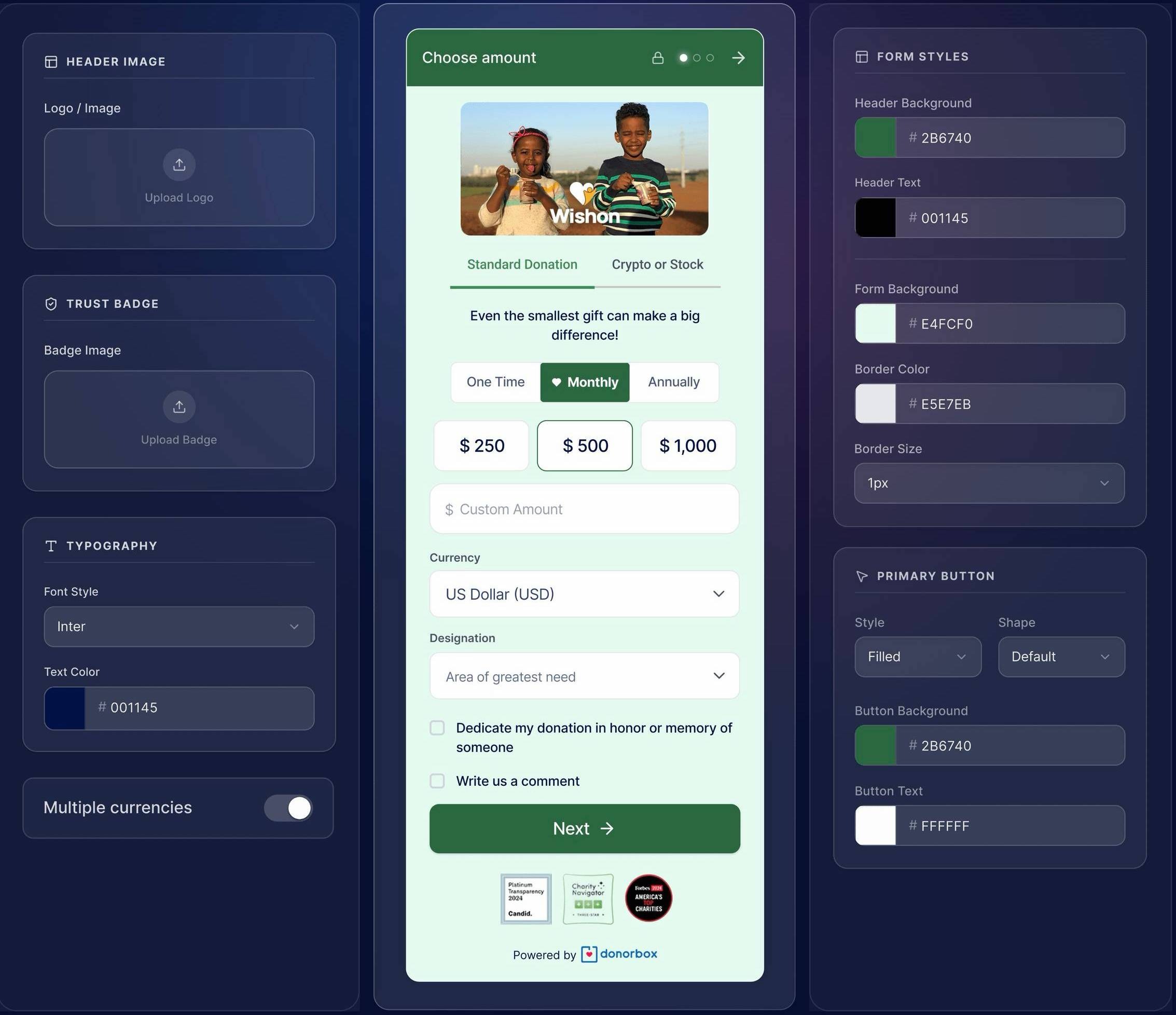 Online donation form for "Wishon" with options for amount, currency, and designation. Includes style settings and button customization.