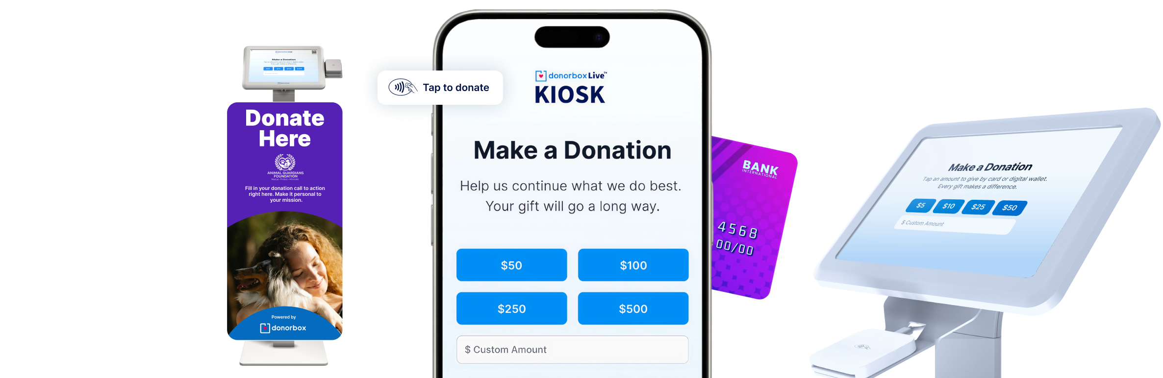 Donorbox Live Kiosk donation interface shown on smartphone, tablet stand, and kiosk with tap-to-donate and preset donation amounts.