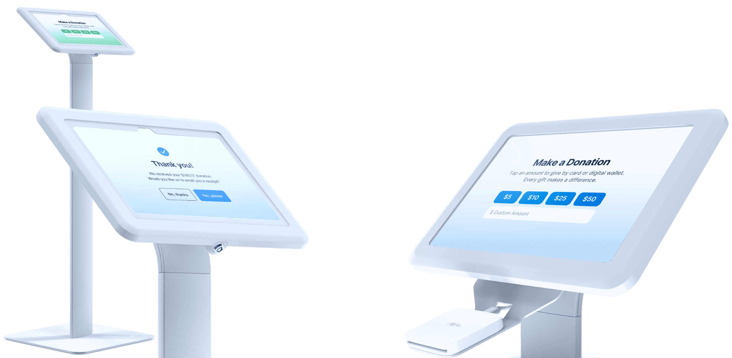 Two touchscreen kiosks display donation options. The left screen shows a thank you message, and the right prompts for donation amounts.