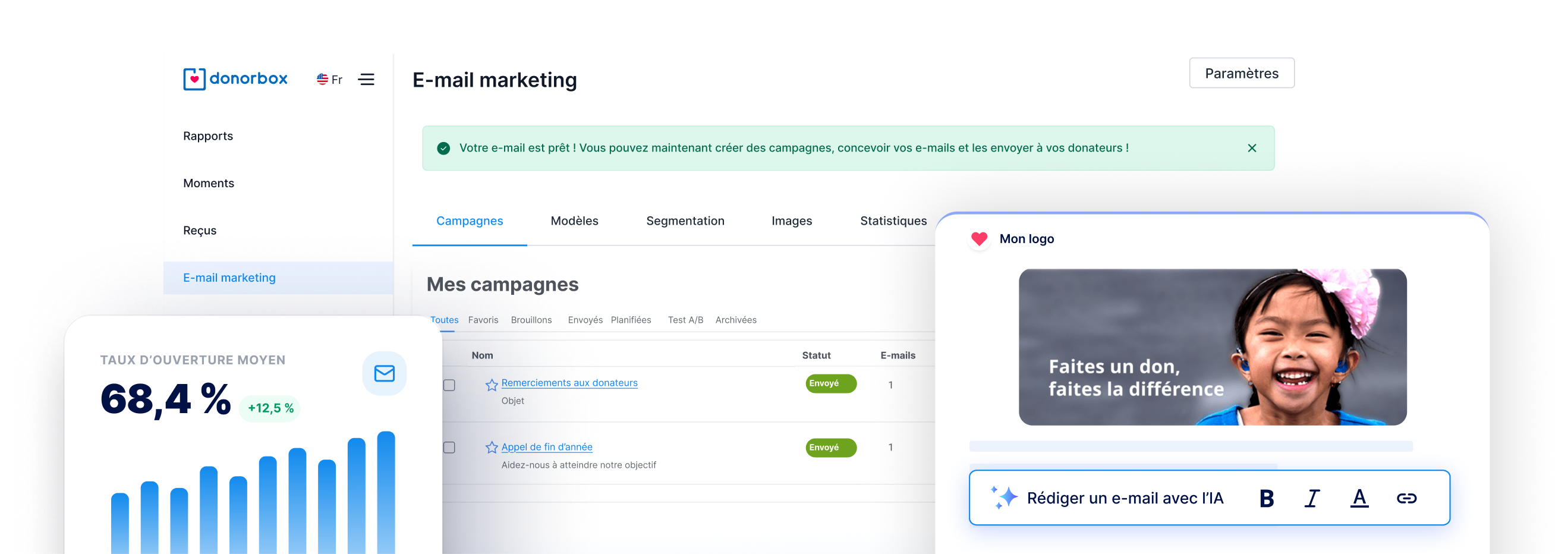Tableau d’e-mail marketing avec taux d’ouverture de 68,4 %, campagnes et éditeur d’e-mail avec IA.