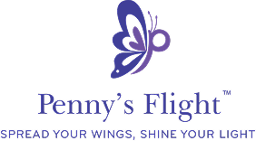 Purple butterfly logo above the text "Penny's Flight" with tagline "Spread Your Wings, Shine Your Light"