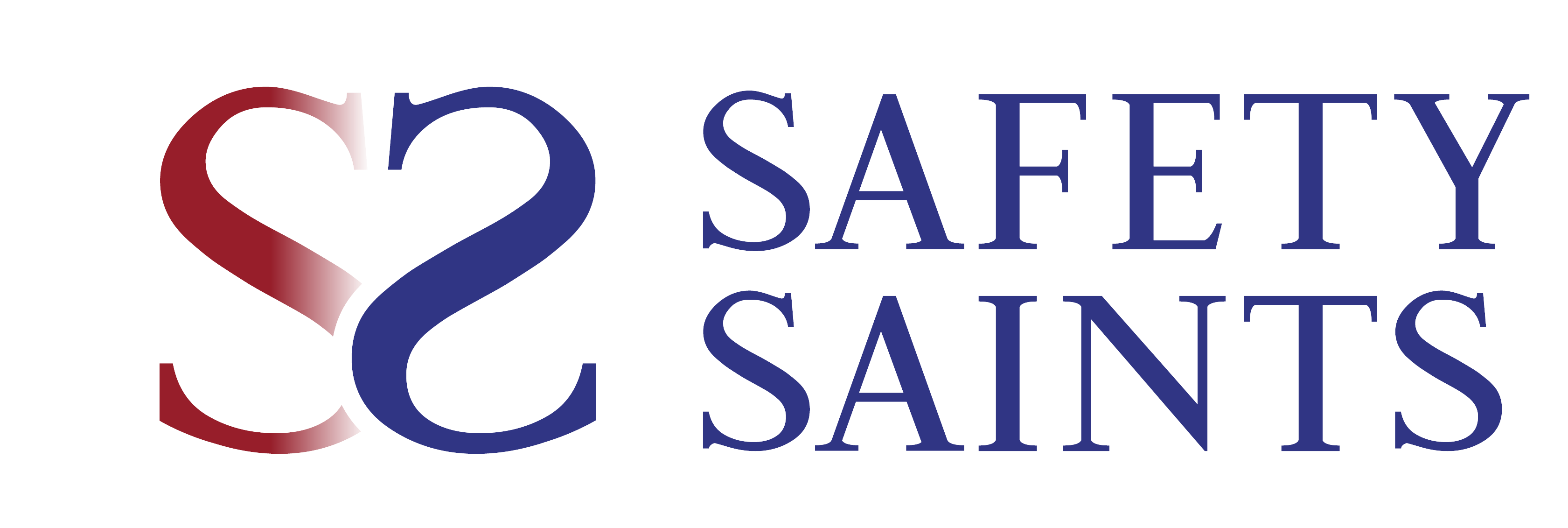 Safety Saints logo with intertwined red and blue double-S monogram beside bold navy blue text reading Safety Saints