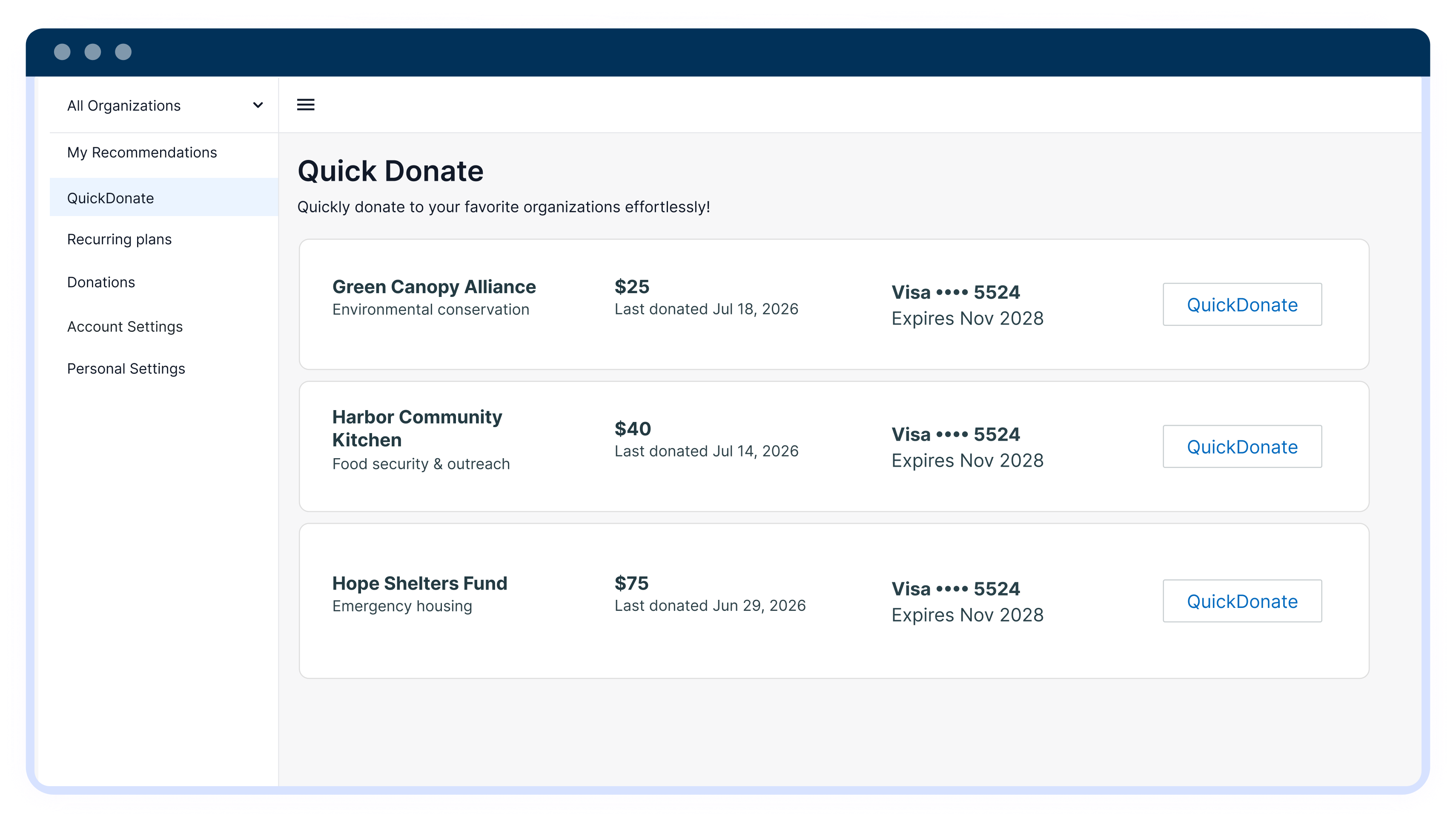 QuickDonate dashboard showing three charitable organizations with donation amounts, last donation dates, and Visa card details with QuickDonate buttons.