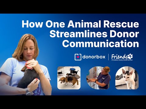 A woman holding a cat, alongside three smaller images of animal care, under the text about animal rescue and donor communication.