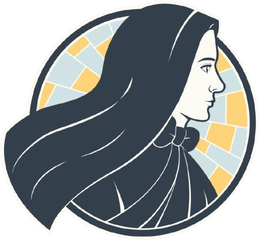 Stylized illustration of a veiled woman in profile within a circular stained glass window design in navy, gold, and light blue.