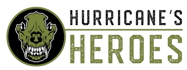 Hurricane's Heroes logo featuring a green animal skull inside a dark circle with bold distressed text in olive and black colors.