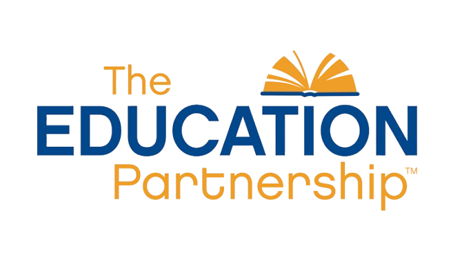 The Education Partnership logo featuring blue and gold text with an open book icon above the word "Education"