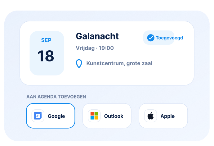 Evenementkaart met datum, tijd en opties om aan agenda’s toe te voegen.