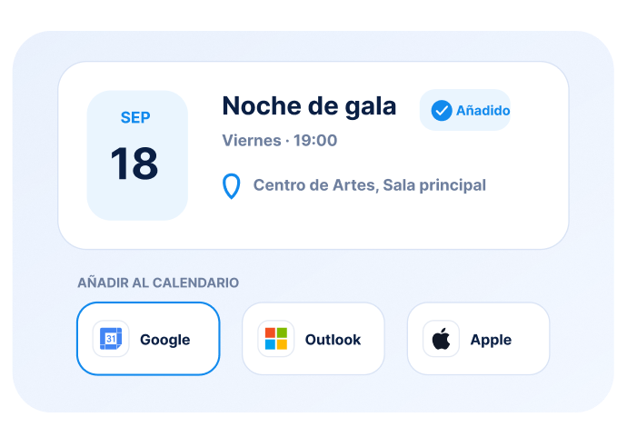 Tarjeta de evento con fecha, hora y opciones para añadirlo a calendarios.