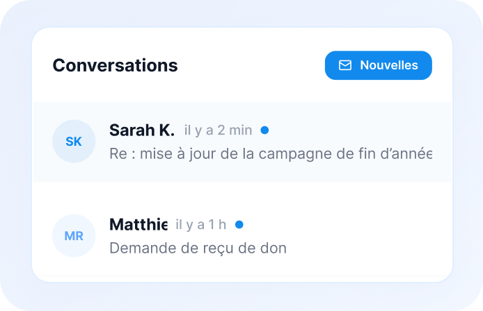 Liste de conversations avec des donateurs affichant des messages récents et des demandes de reçus.