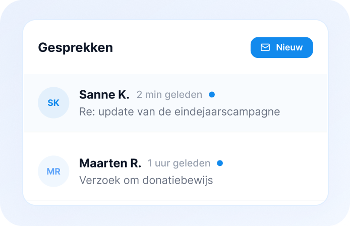 Lijst met donateursgesprekken met recente berichten en verzoeken om donatiebewijzen.