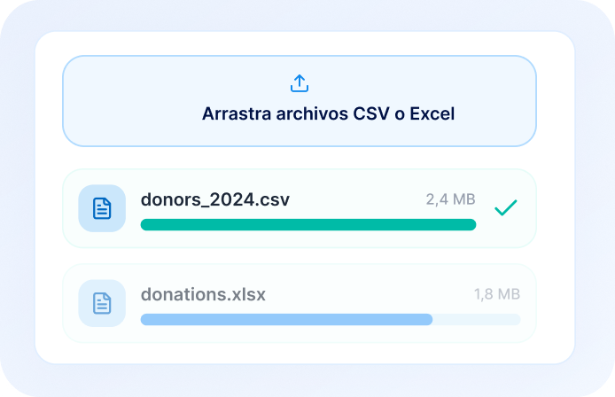 Interfaz para importar archivos CSV y Excel con barras de progreso de carga.