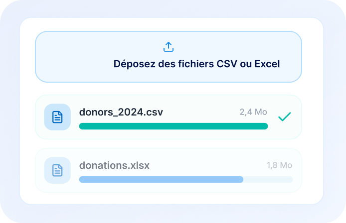 Interface d’importation de fichiers CSV et Excel avec barres de progression.