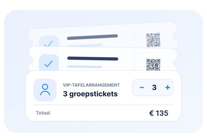 Ticketpakket voor groepen met hoeveelheidskiezer, totaalbedrag en QR-codes.