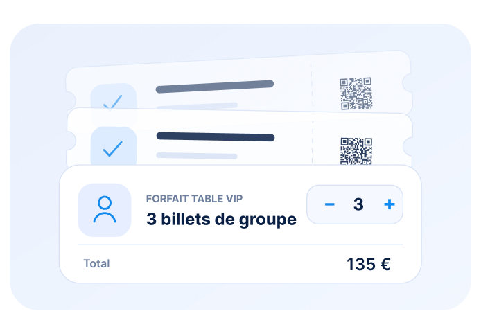 Forfait de billets de groupe avec sélection de quantité, total et codes QR.