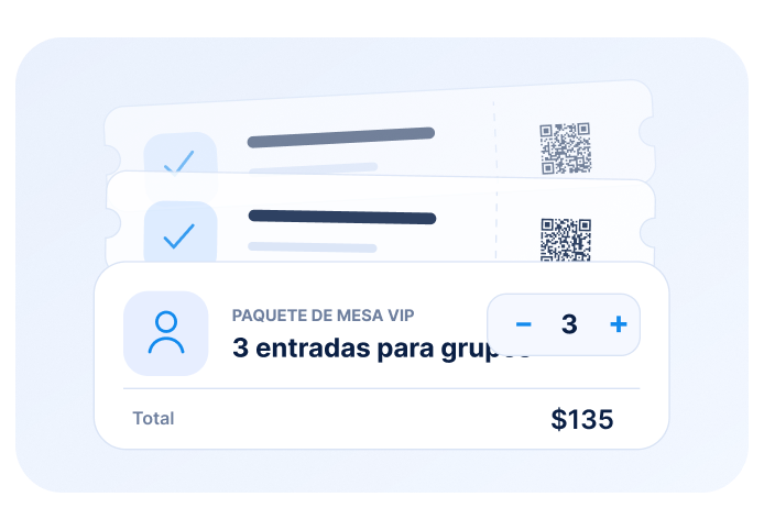 Paquete de entradas para grupos con selector de cantidad, precio total y códigos QR.