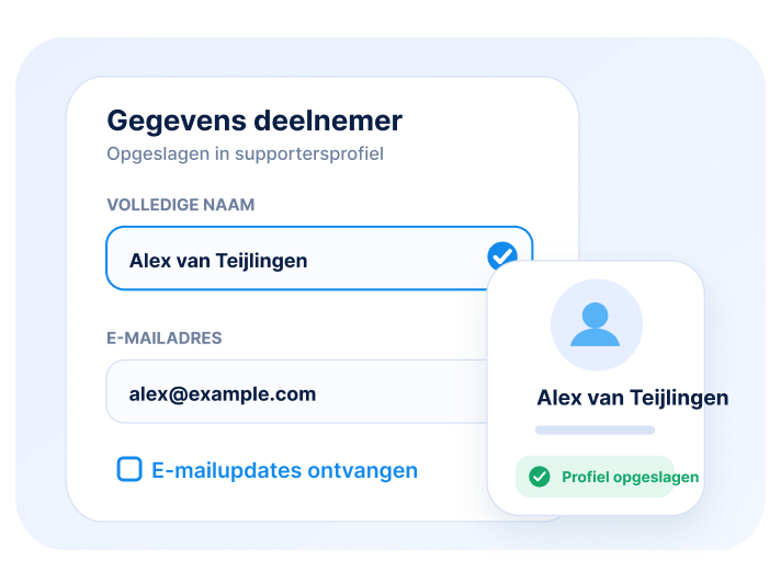 Formulier met deelnemergegevens, opgeslagen profiel en bevestiging.