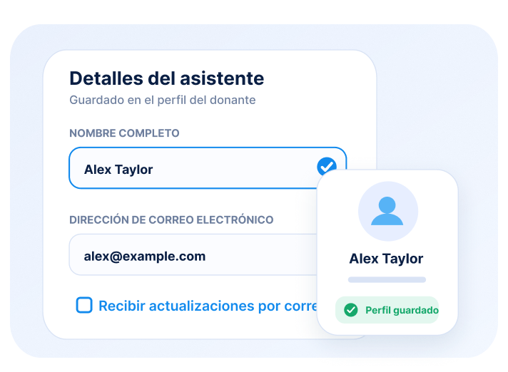 Formulario de datos del asistente con perfil guardado y confirmación de registro.