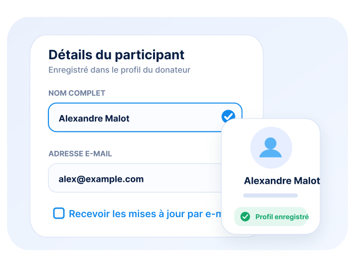 Formulaire d’informations du participant avec profil enregistré et confirmation.