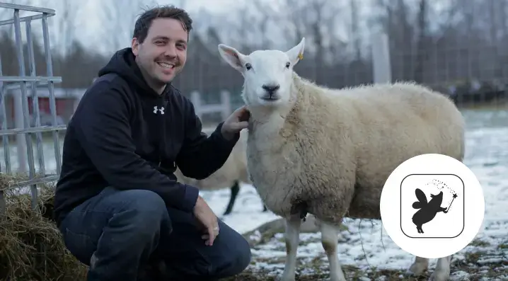 Man crouching next to a sheep in a snowy field, smiling at the camera. A logo with a fairy silhouette is in the bottom right corner.