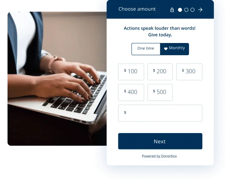 Person typing on a laptop beside a Donorbox donation form showing amount options from $100 to $500 with one-time and monthly giving tabs.
