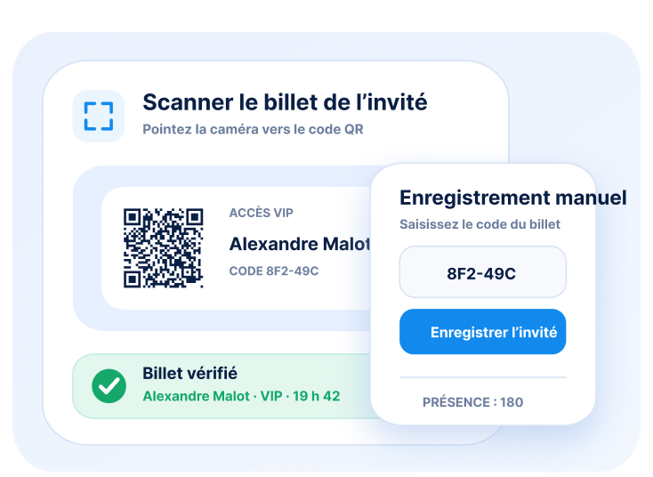 Écran de contrôle qui scanne un QR code ou saisit un code manuel pour vérifier le billet.