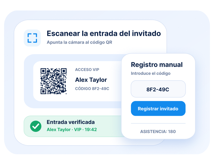 Pantalla de check-in que escanea un código QR o introduce un código manual para verificar la entrada.