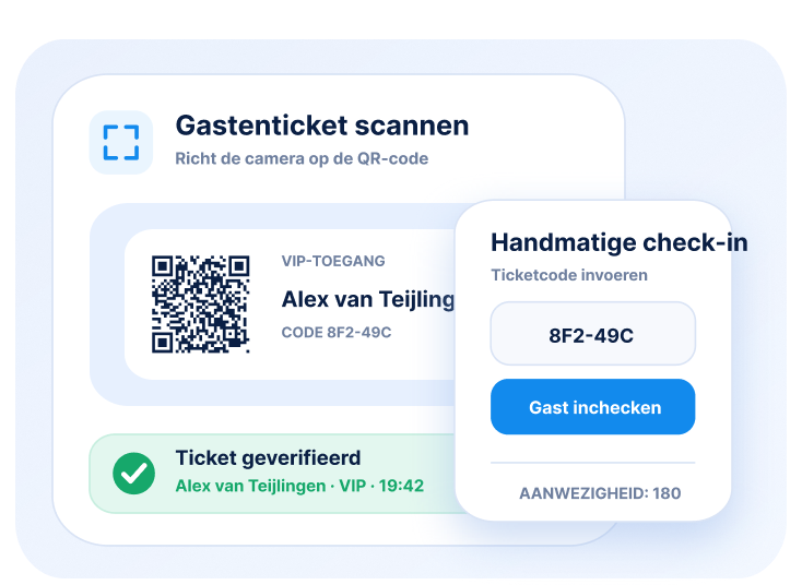 Check-inscherm dat een QR-code scant of een handmatige code invoert om het ticket te verifiëren.
