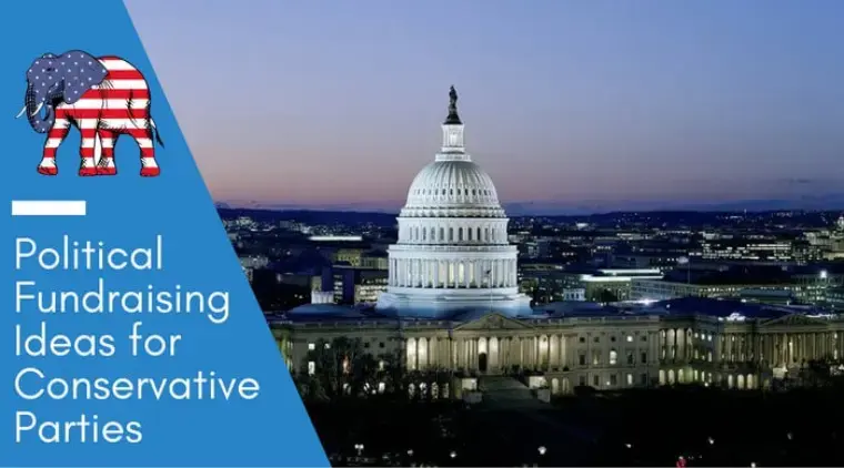 Graphic with US Capitol building at dusk, Republican elephant logo, and text "Political Fundraising Ideas for Conservative Parties"