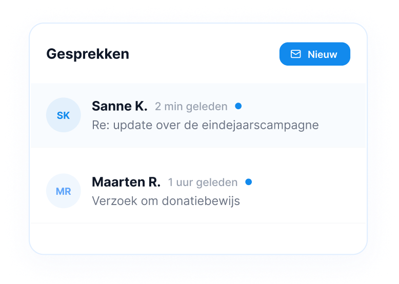 Inbox met gesprekken met donateurs