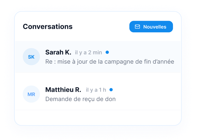 Boîte de réception des conversations avec les donateurs