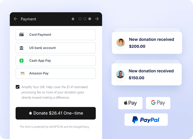 Payment options screen with card, bank, and digital payment methods. Shows donation amounts and icons for Apple Pay, Google Pay, and PayPal.